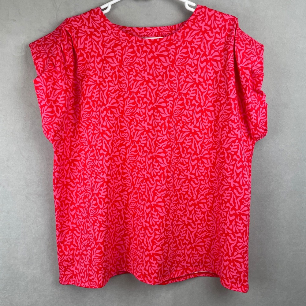 Chicos Red Pink Abstract Coral Print Stretch Pleated Shoulder Tropical Top 3 XL